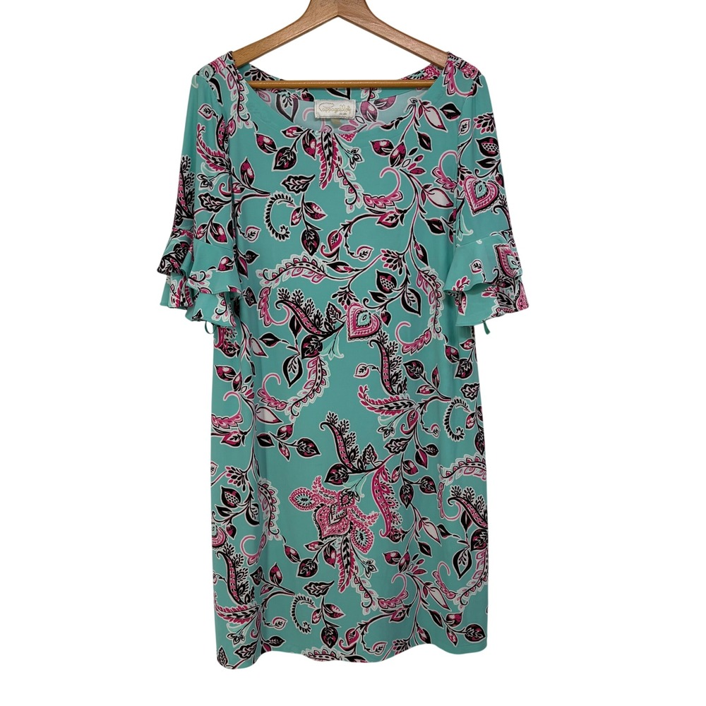 Vintage Pappagallo XL Aqua Pink Paisley Floral Ruffle Sleeve Shift Dress Preppy